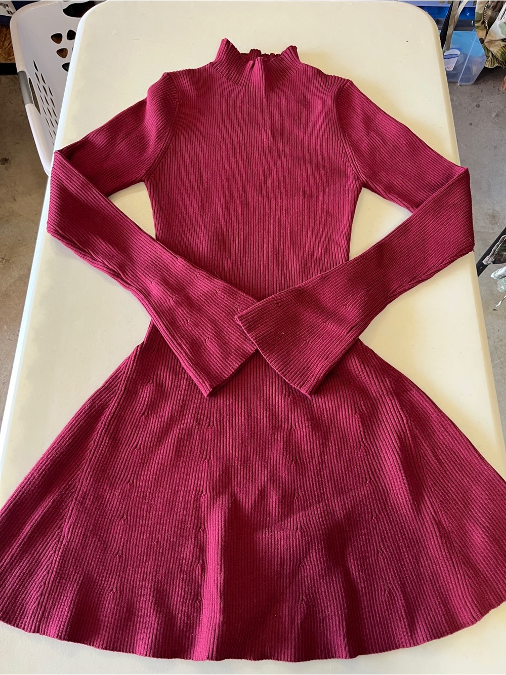 Ribbed Long-Sleeve Fit & Flare Dress - Burgundy